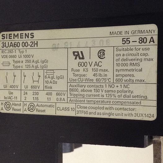 Used SIEMENS Overload Relay 3UA60 00-2H #83396