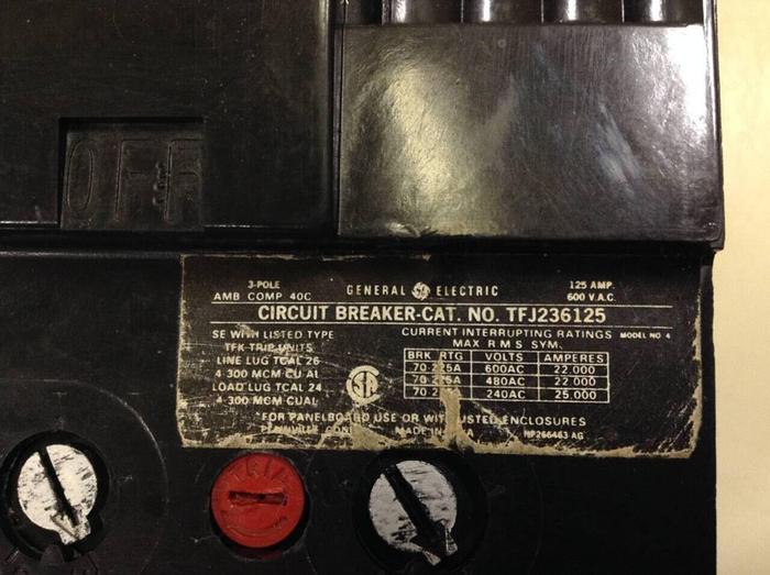 Used GENERAL ELECTRIC / GE 125 Amp Circuit Breaker TFJ236125 Used
