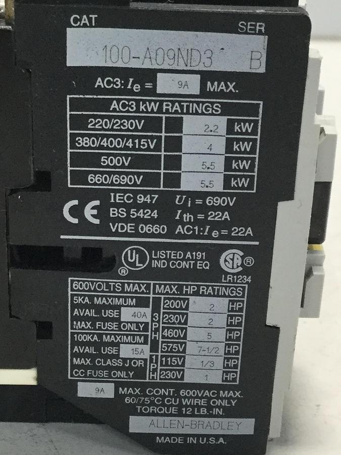 Used ALLEN BRADLEY Contactor 100-A09ND3 SER B Used