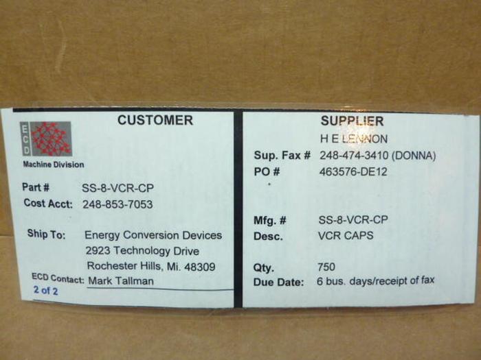 Used SWAGELOK Cap SS-8-VCR-CP #39313