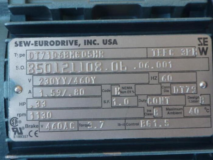 Used SEW EURODRIVE .33 HP Motor DT71D6BMG05HR Used