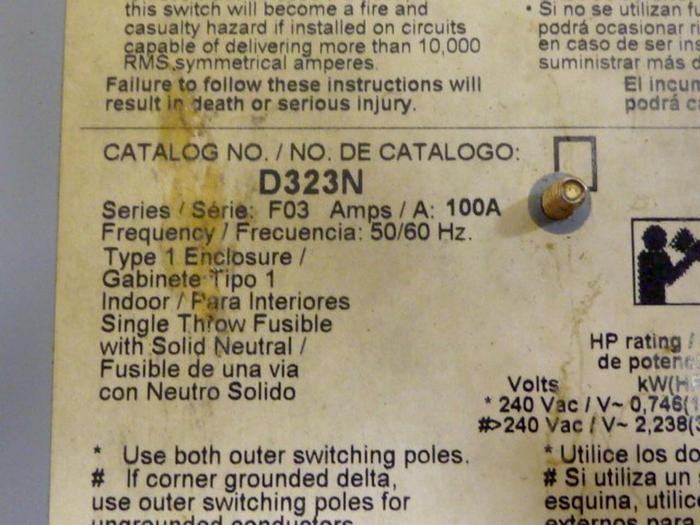 Used SQUARE D 100 Amp Safety Switch D323N #65437