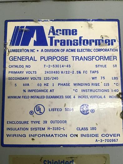 Used ACME TRANSFORMER 5 kVA Transformer T-2-53014-4S Used