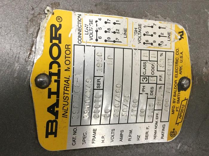 Used BALDOR 20 HP Industrial Motor 3983108-1 #116475