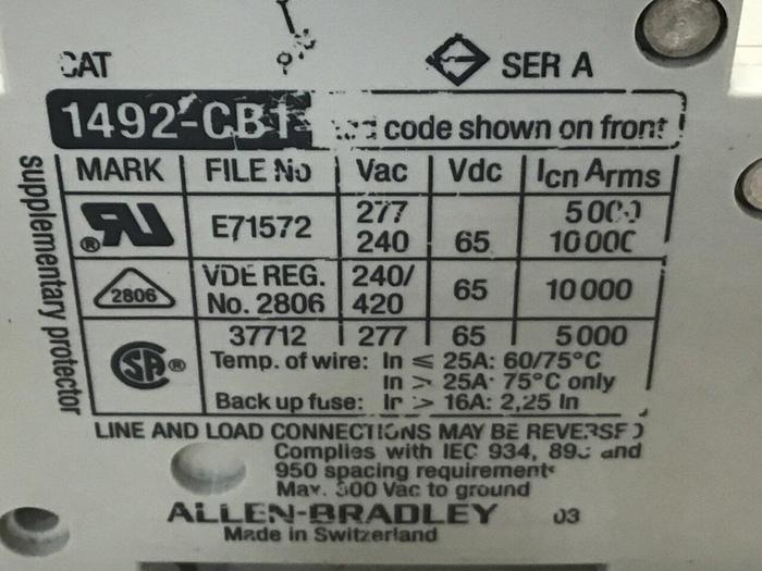 Used ALLEN BRADLEY 10 Amp Circuit Breaker 1492-CB1/G100 SER A #119628
