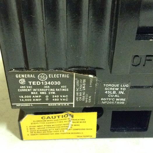 Used GENERAL ELECTRIC 30 Amp Circuit Breaker TED134030 #71688
