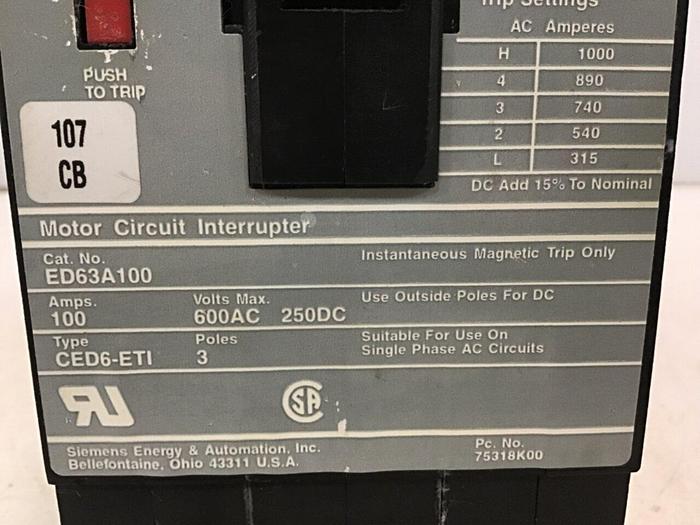 Used SIEMENS 100 Amp Circuit Breaker ED63A100 USED