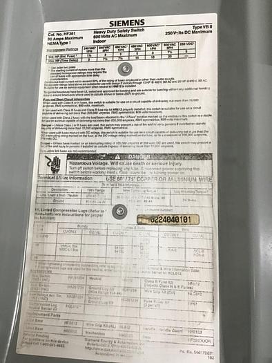 Used SIEMENS 30 Amp Disconnect Switch HF361 #133300