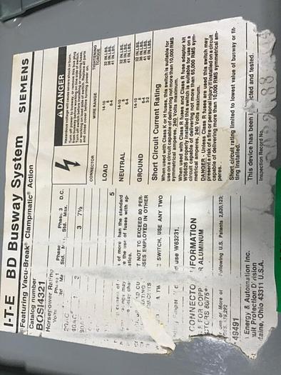 Used ITE SIEMENS BD Bus Disconnect Switch BOS14321 #120401