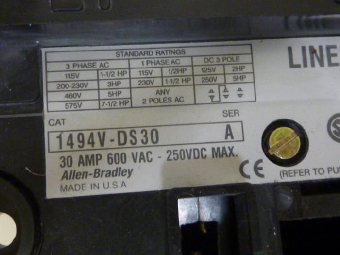 Used ALLEN BRADLEY 30 Amp Disconnect Switch 1494V-DS30 SER A #65903