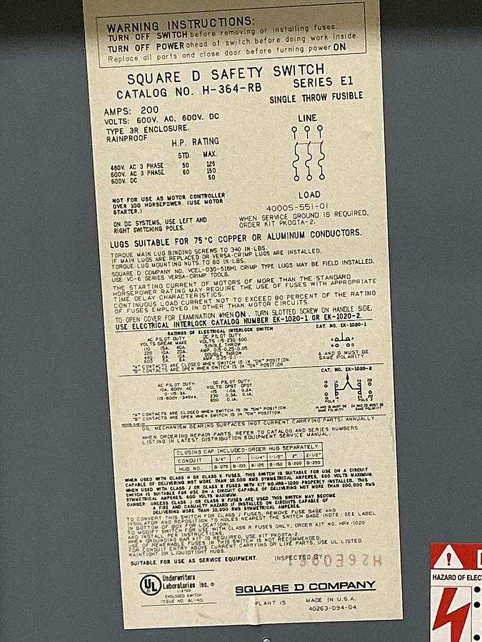 Used SQUARE D H-364-RB