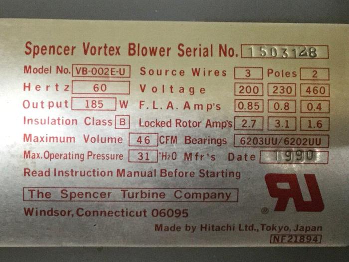 Used SPENCER Vortex Blower VB-002E-U #110083