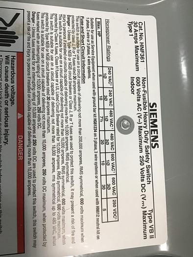Used SIEMENS 30 Amp Safety Disconnect Switch HNF361 VBII #137852