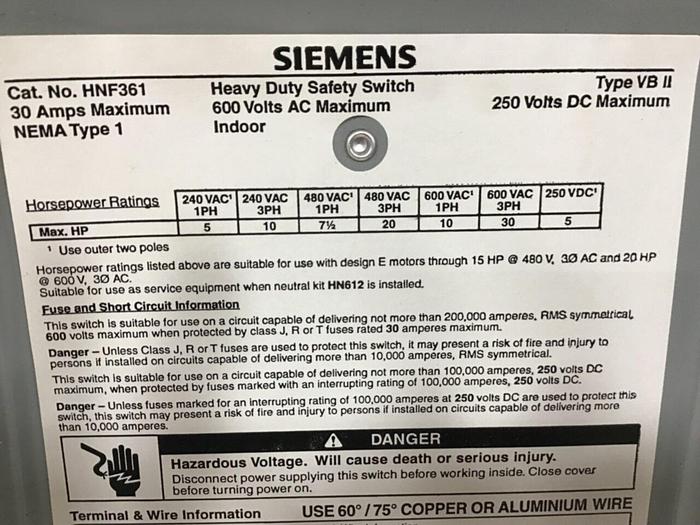 Used SIEMENS 30 Amp Safety Disconnect Switch HNF361 VBII #130006