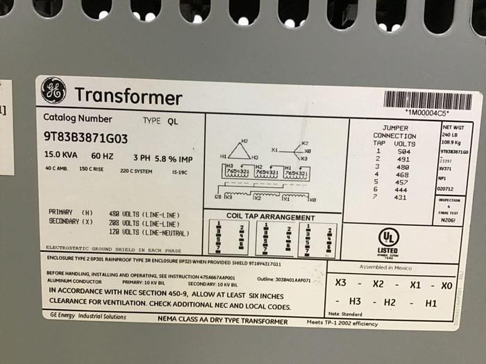 Used GENERAL ELECTRIC 15 kVA Transformer 9T83B3871G03 #127485