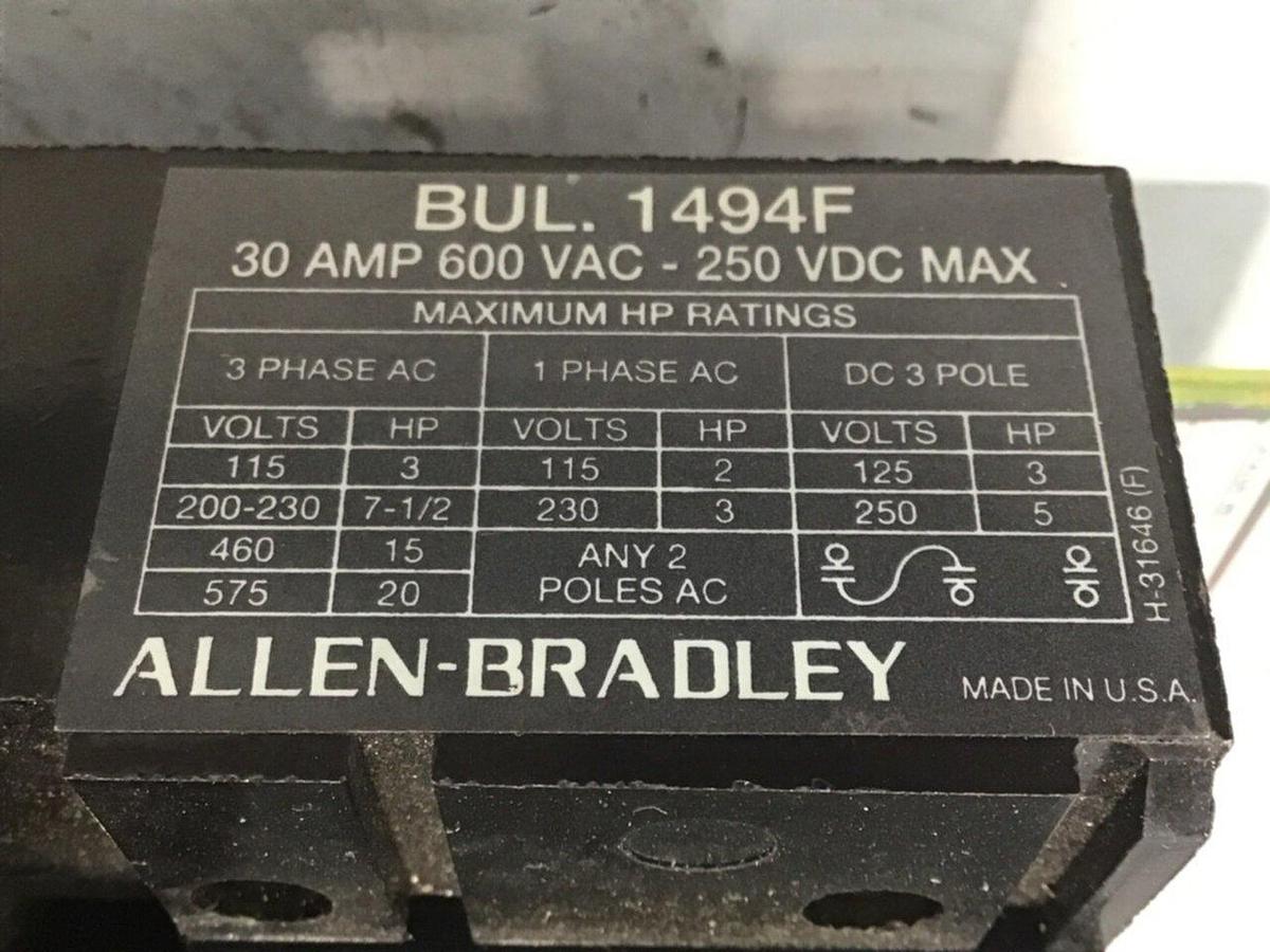 Used ALLEN BRADLEY 30 Amp Fuse Block Plate 1494F-C633 SER B USED