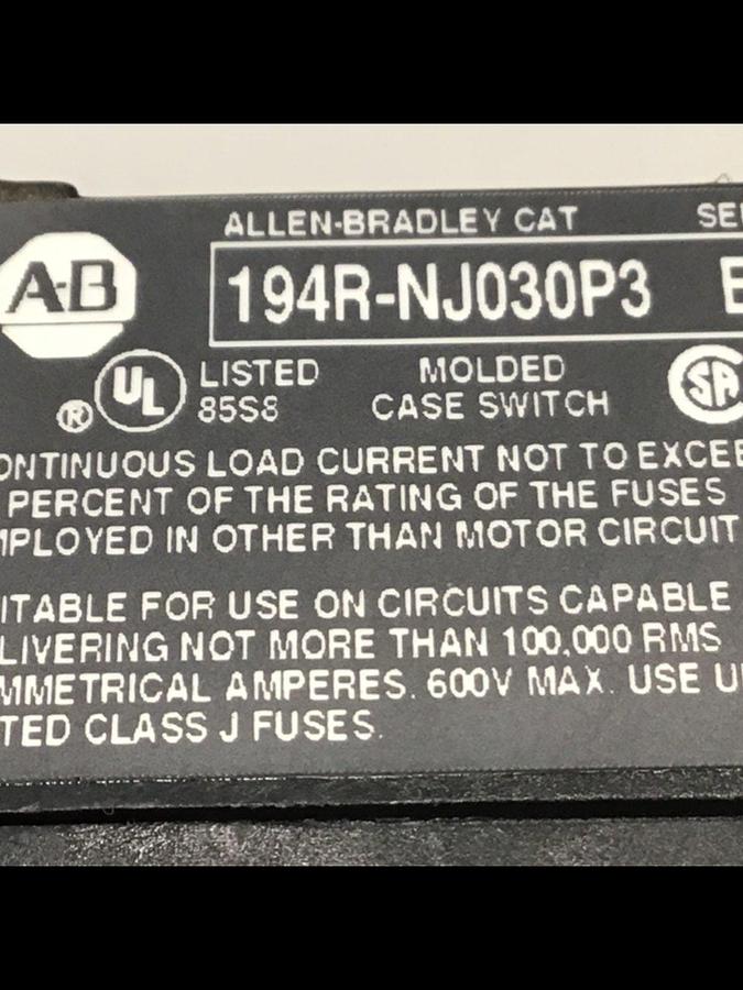 Used ALLEN BRADLEY 30 Amp Disconnect Switch 194R-NJ030P3 SER B USED