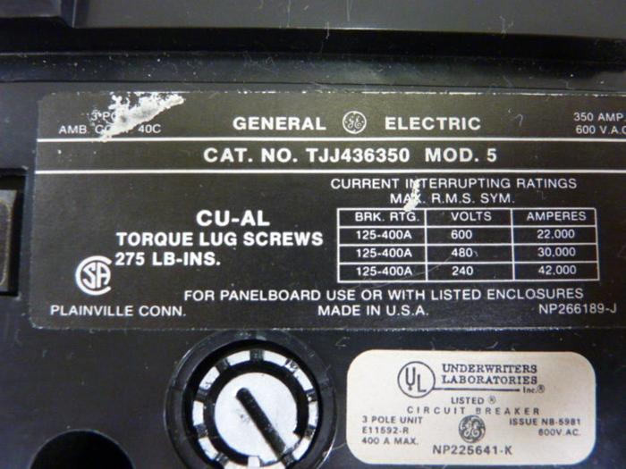 Used GENERAL ELECTRIC / GE 350 Amp Circuit Breaker TJJ436350 #64567