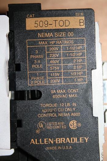 Used ALLEN BRADLEY Contactor 509-TOD SER B #19034