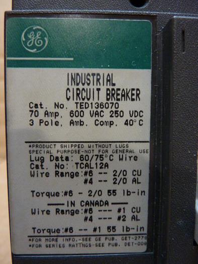 Used GENERAL ELECTRIC / GE 70 Amp Circuit Breaker TED136070 #26680