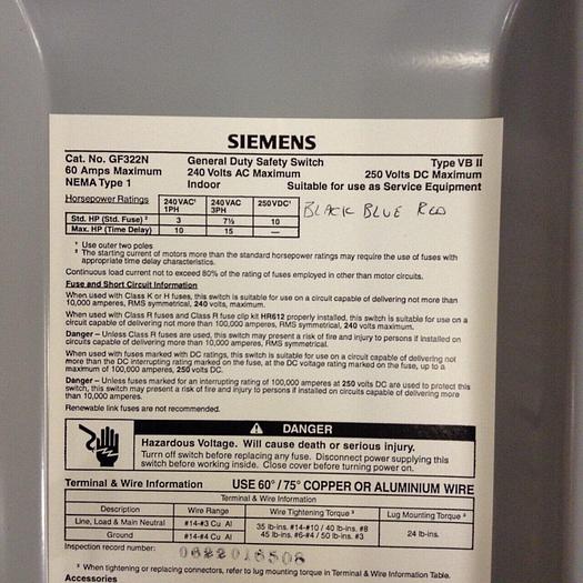 Used SIEMENS General Duty Safety Disconnect Switch GF322N VBII #75441