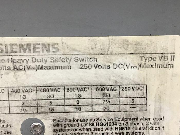 Used SIEMENS 30 Amp Disconnect Switch HF361 #120449