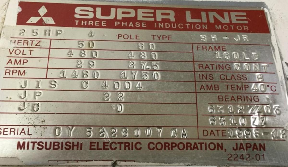 Used MITSUBISHI 25 HP Induction Motor SB-JR 25 HP Used