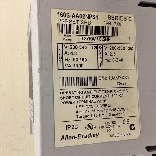 Used ALLEN BRADLEY Speed Controller 160S-AA02NPS1 SER C #71782