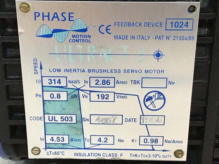 Used PHASE MOTION CONTROL Ultract 2 Brushless Servo Motor UL 503 #123479