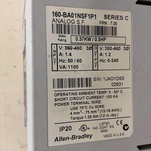 Used ALLEN BRADLEY Drive 160-BA01NSF1P1 #71780