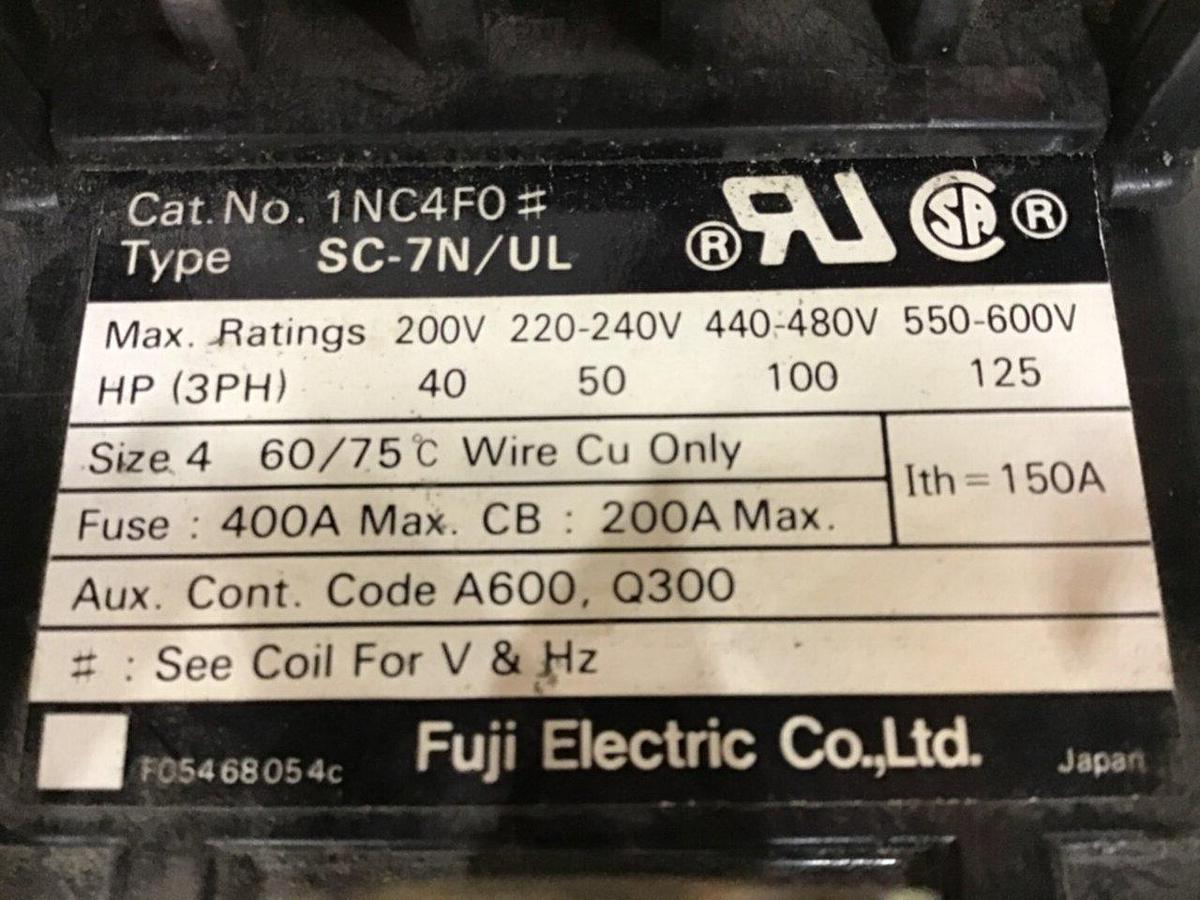 Used FUJI ELECTRIC Contactor SC-7N/UL 1NC4F0 #139719