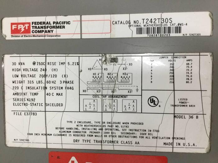 Used FEDERAL PACIFIC 30 kVA Dry Type Transformer T242T30S #96175
