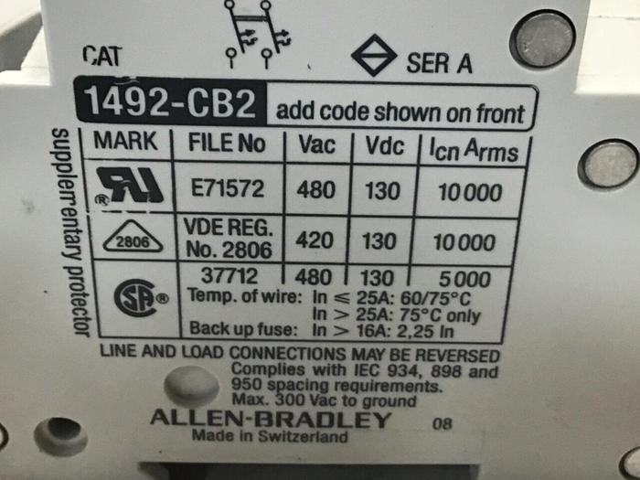 Used ALLEN BRADLEY Circuit Breaker 2Amp 1492-CB2/G020 SER A #119620
