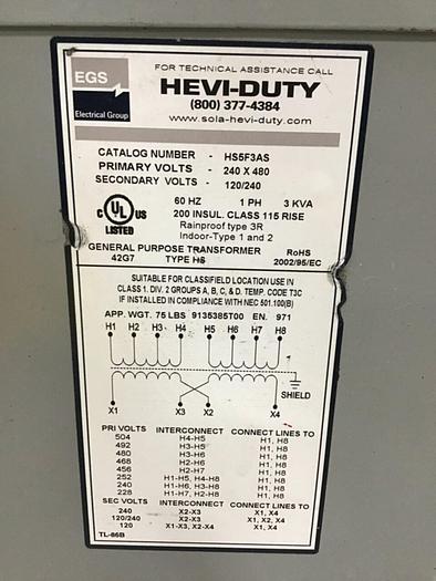 Used EGS 3 kVA Transformer HS5F3AS #123300