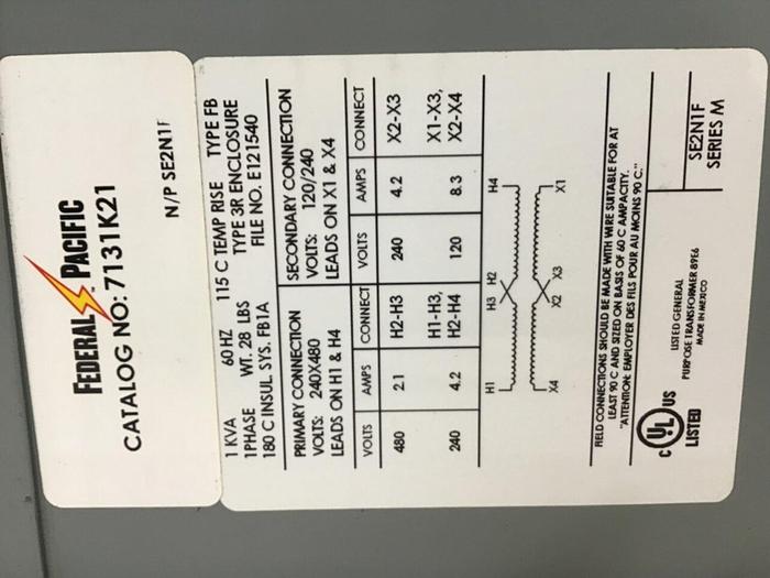 Used FEDERAL PACIFIC 1 kVA Transformer 7131K21 #131120
