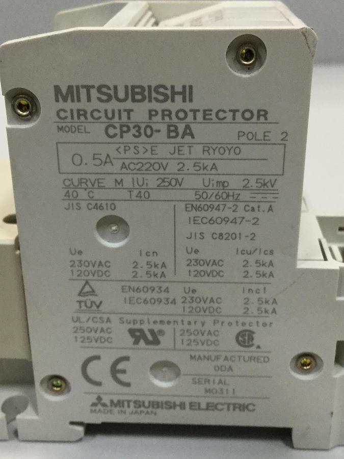 Used MITSUBISHI 0.5 Amp Circuit Protector CP30-BA-2P-0.5A USED