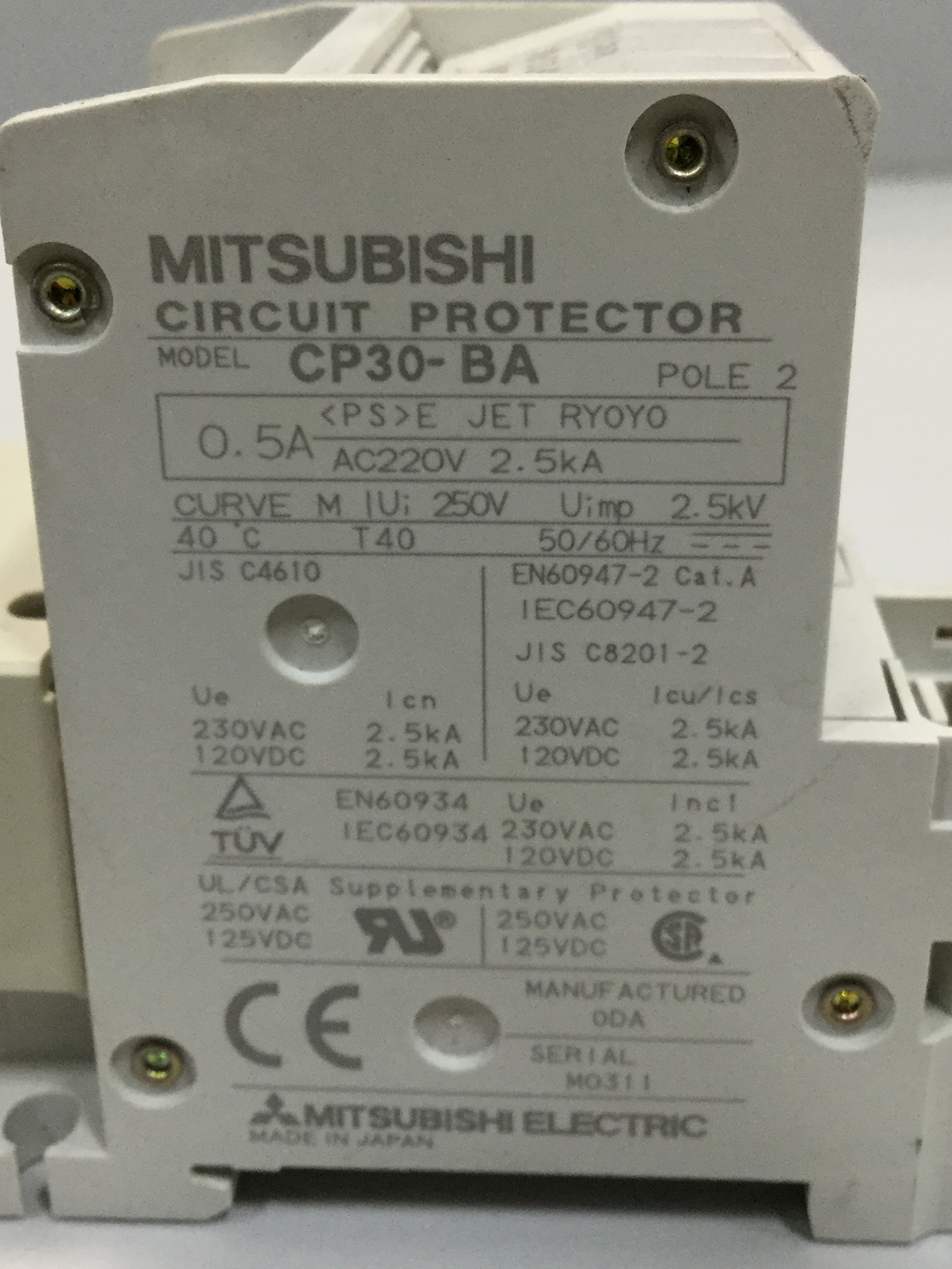 Used MITSUBISHI 0.5 Amp Circuit Protector CP30-BA-2P-0.5A USED