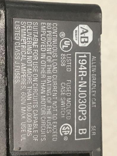 Used ALLEN BRADLEY 30 Amp Disconnect Switch 194R-NJ030P3 SER B #124261