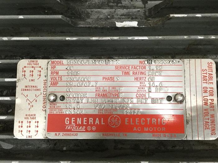Used GENERAL ELECTRIC 40 HP Motor 5K364JL3047BPF2 Used