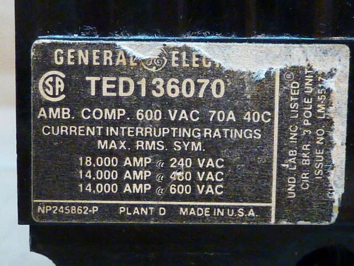 Used GENERAL ELECTRIC / GE 70 Amp Circuit Breaker TED136070 Used