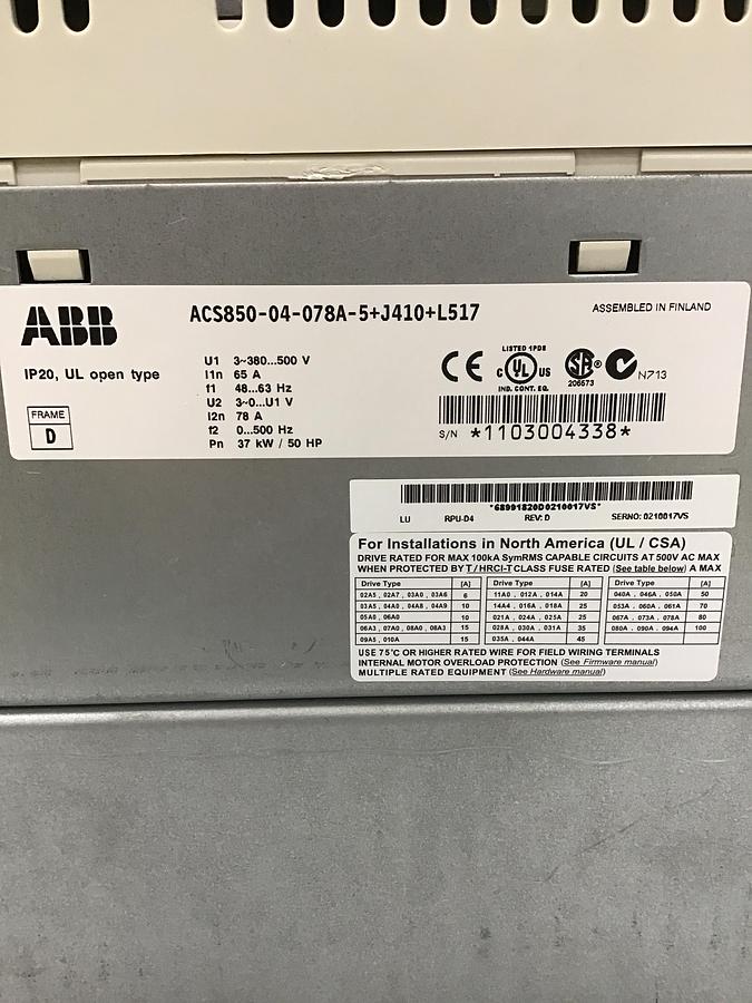Used ABB Commercial Module Drive ACS850-04-078A-5+J410+L517 Used