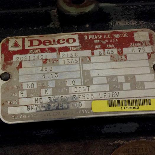 Used DELCO 3 HP Motor 2G2104C2 #74848