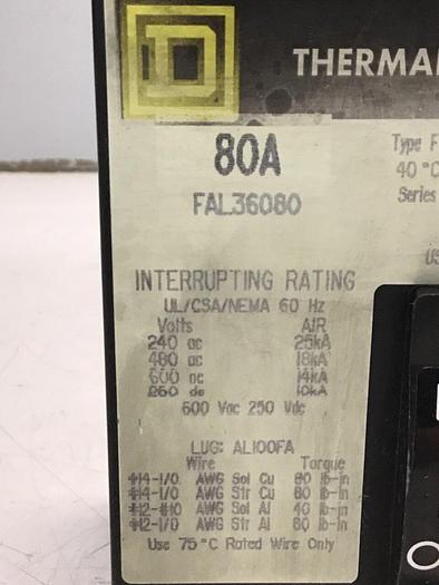 Used SQUARE D 80 Amp Circuit Breaker FAL36080 #136020