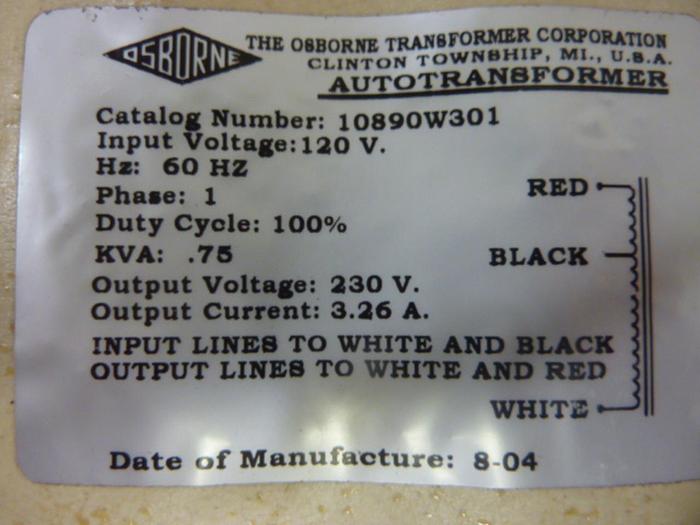 Used OSBORN .75 kVA Transformer 10890W301 #48916