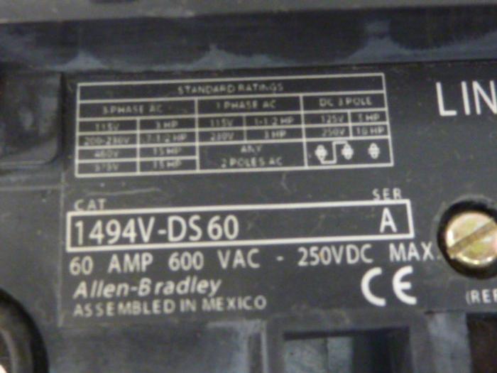 Used ALLEN BRADLEY 60 Amp Disconnect Switch 1494V-DS60 SER A #57439