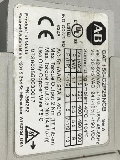 Used ALLEN BRADLEY Contactor 156-C2P25NCB SER A #134239