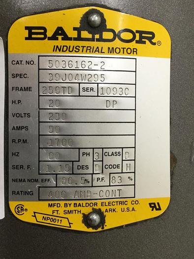 Used BALDOR 20 HP Motor 5036162-2 Used