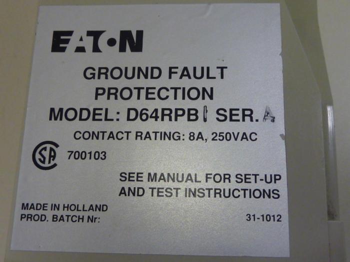 Used EATON CORPORATION Ground Fault Relay D64RPB1 #61650