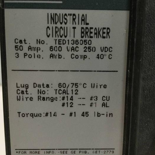 Used GE 50 Amp Circuit Breaker TED136050 #93857