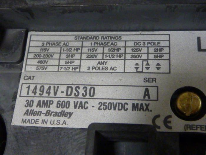 Used ALLEN BRADLEY 30 Amp Disconnect Switch 1494V-DS30 SER A #57417